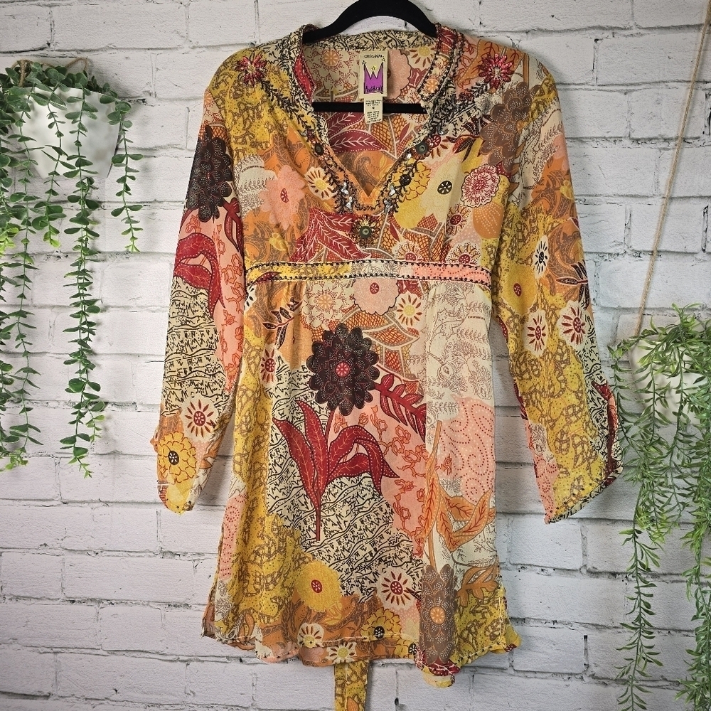 Womens Semi Sheer Tunic Top Floral Bright Boho By Orginal Anthony Size Med